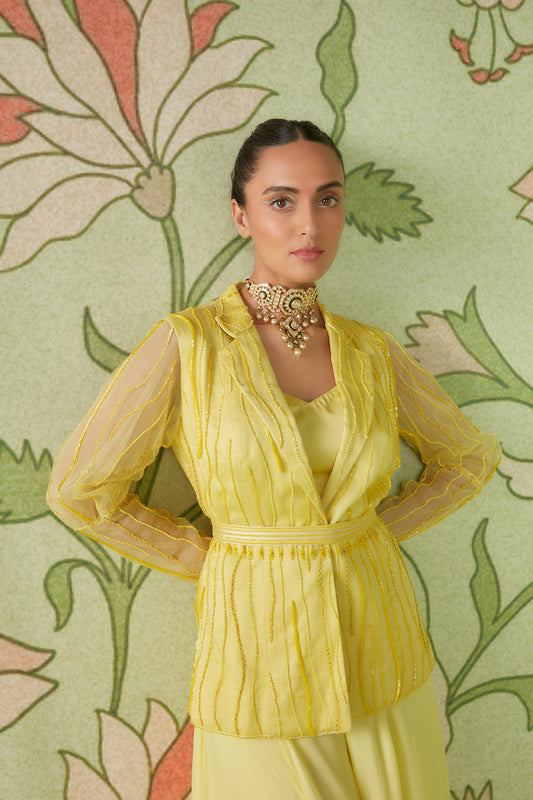 Daffodil yellow Georgette Hunar Indo western jacket set with palazzo
