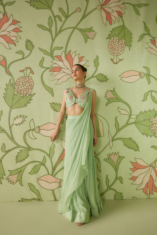 Sage green Gerogette Chintz artwork Pre-Draped Designer Saree