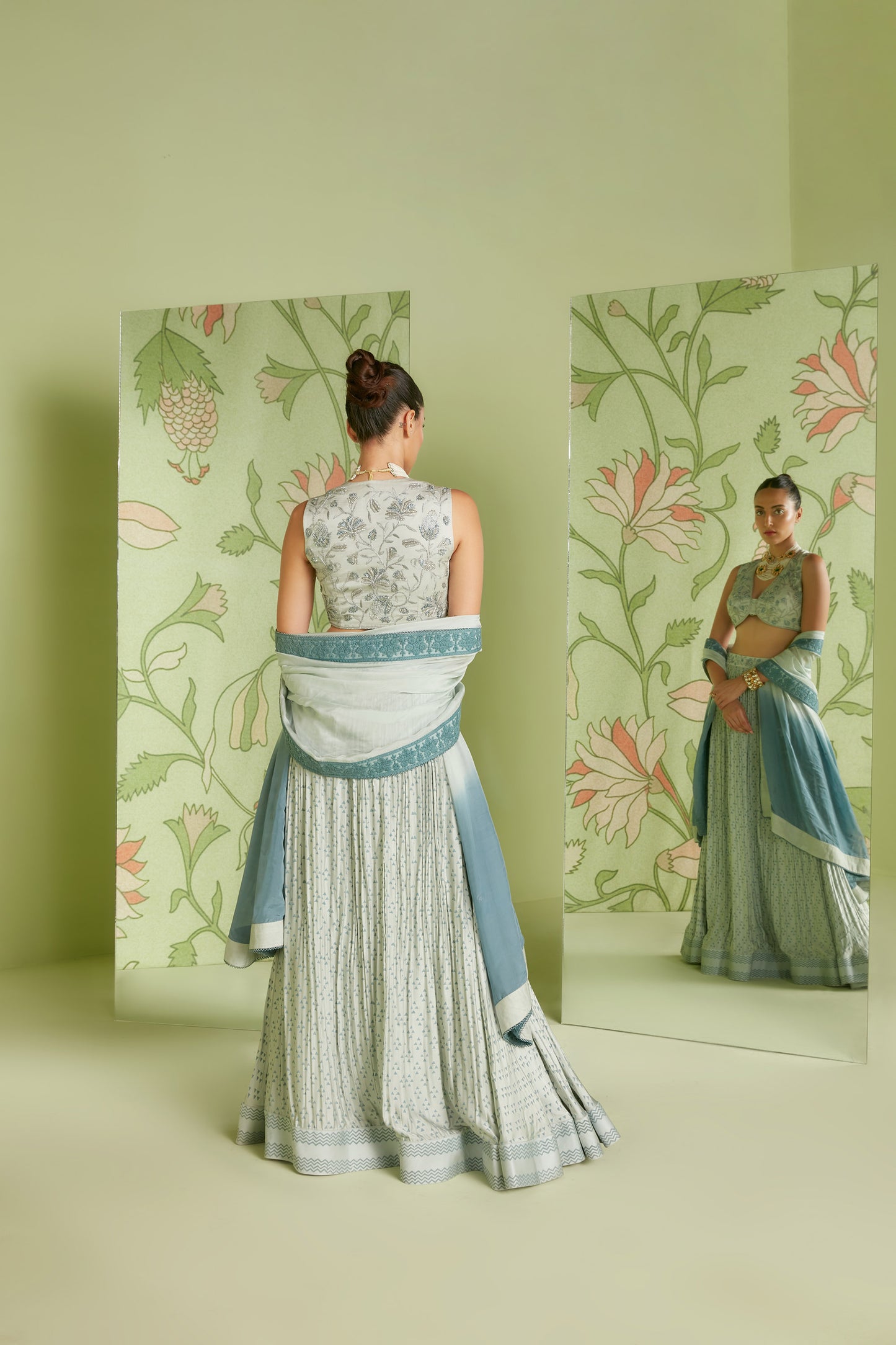 Cloud Grey Satin Chintz artwork Designer Lehenga Set