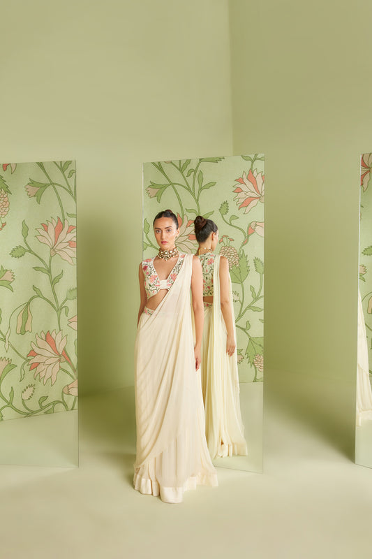 Ivory Gerogette Chintz artwork Pre-Draped Saree