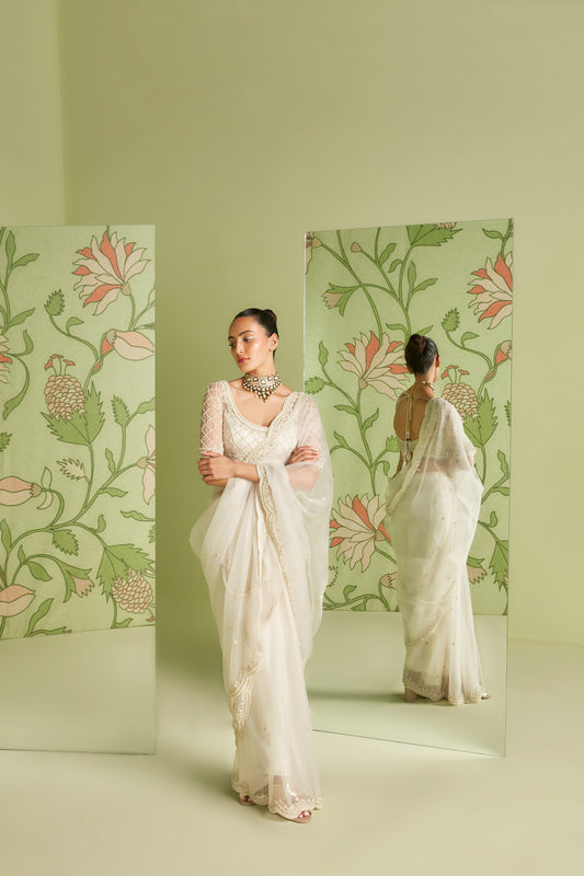 Ivory Organza Hunar Saree