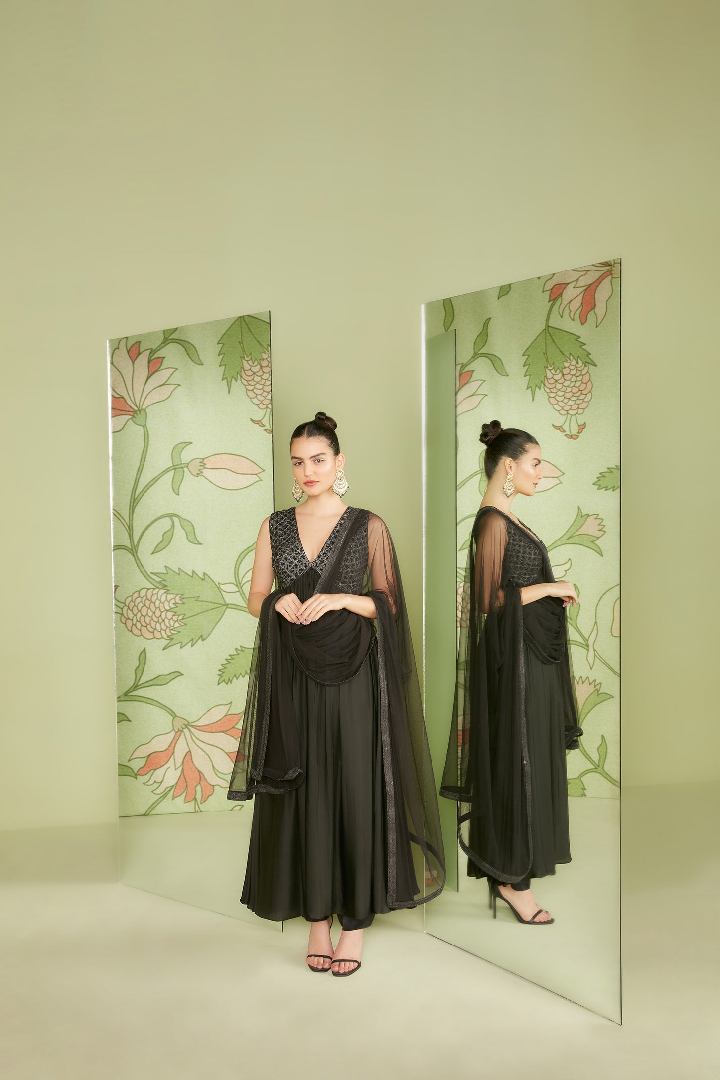 Black Crushed Modal Satin 3D embroidered Kalidaar