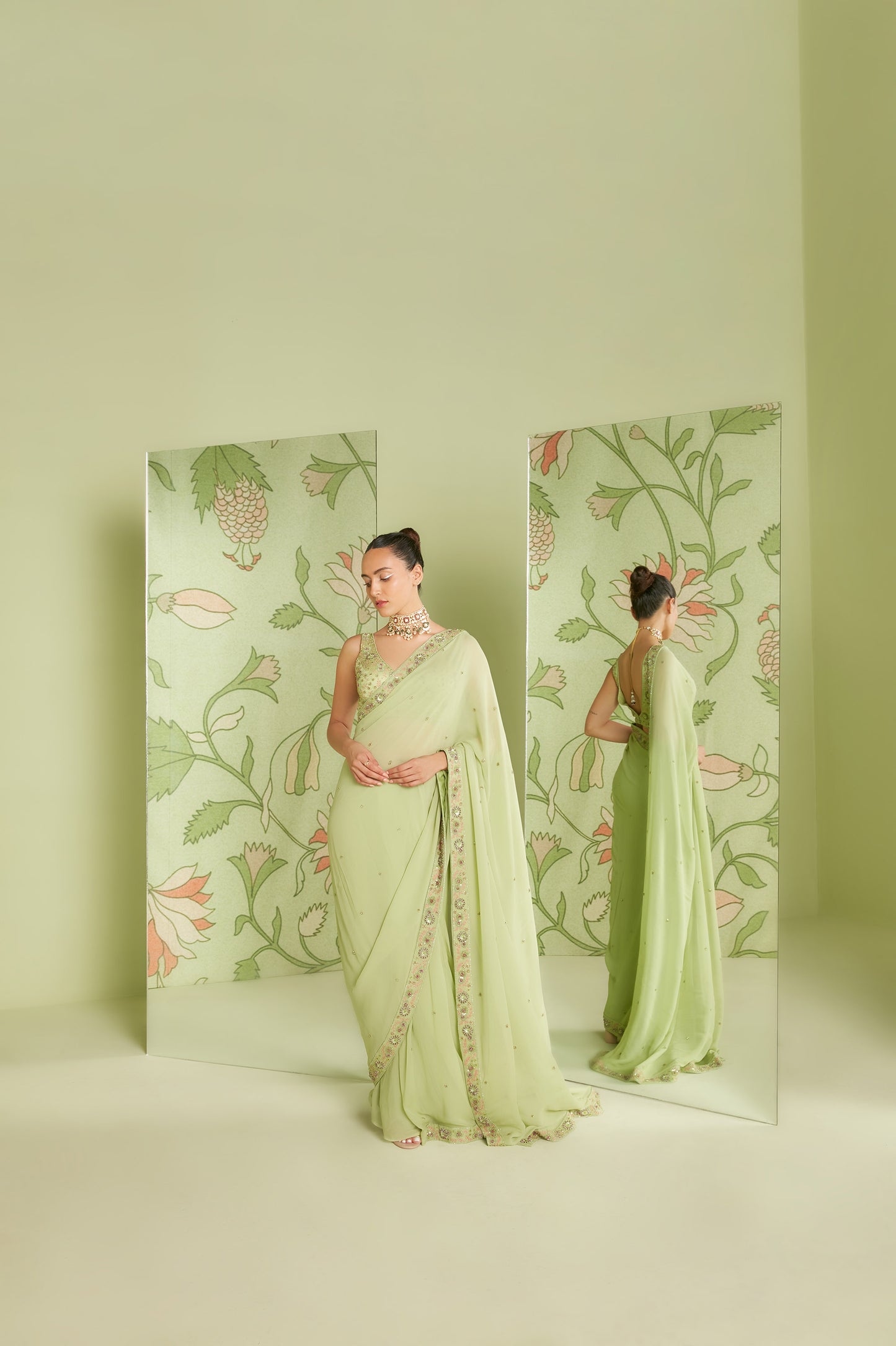 Pistachio Green Georgette Classic Hunar Saree
