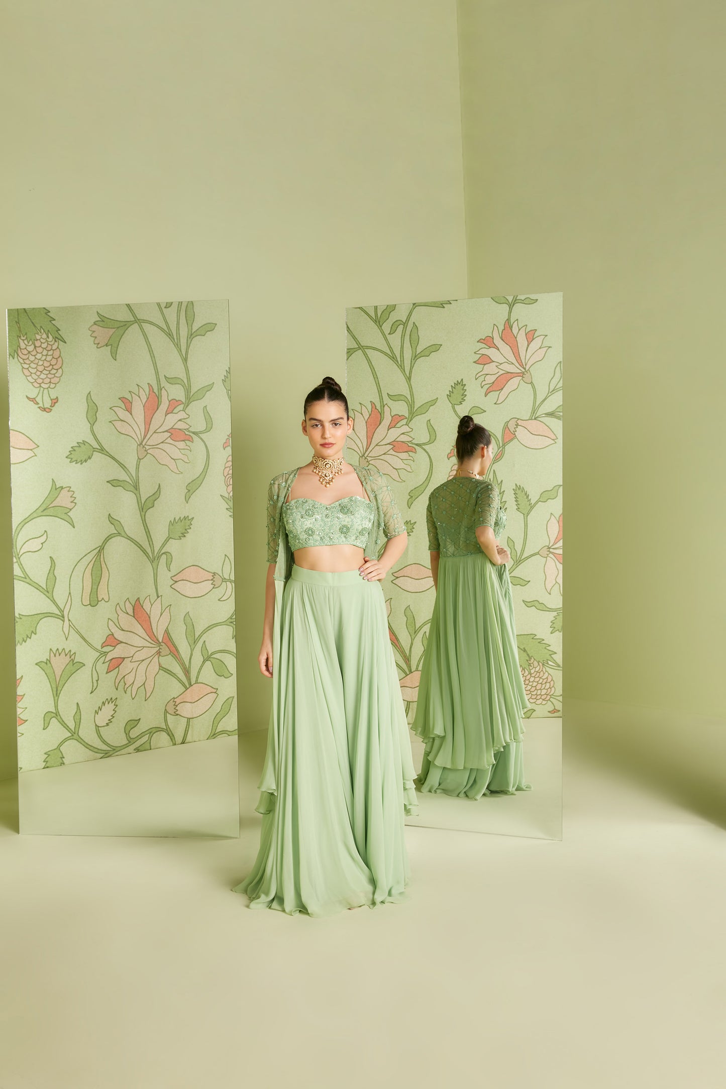 Indo Western Georgette Sage Green Hunar Jacket Set