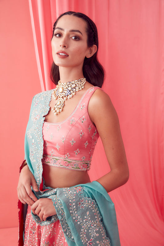 Pink Satin Hand embroidered Bridesmaid lehenga - Utsav with Mughal Motifs - Aarambh