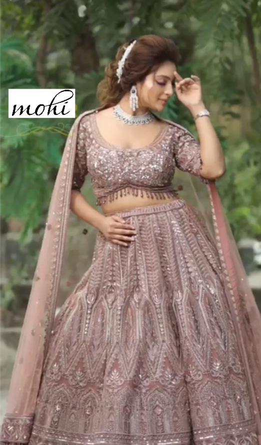 Light Brown Stone Embroidered Net Bridal Lehenga