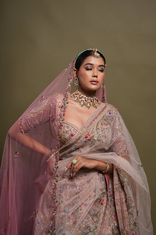 Light Pink With Multi Colored 3D Embroidered Floral Kalis Lehenga Choli