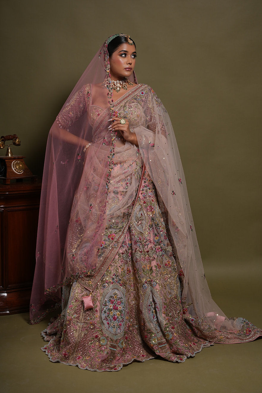 Light Pink With Multi Colored 3D Embroidered Floral Kalis Lehenga