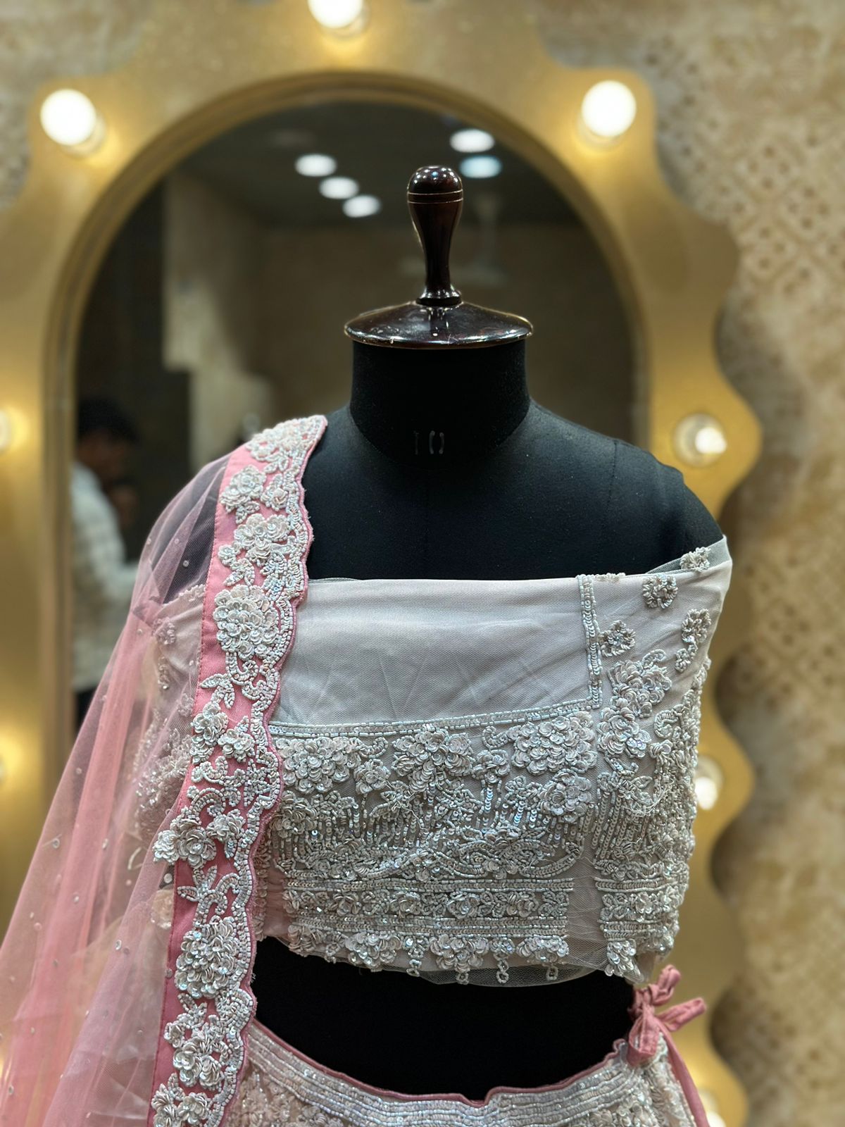 Light Pink Net Hand Embroidered with pearls Bridal Lehenga