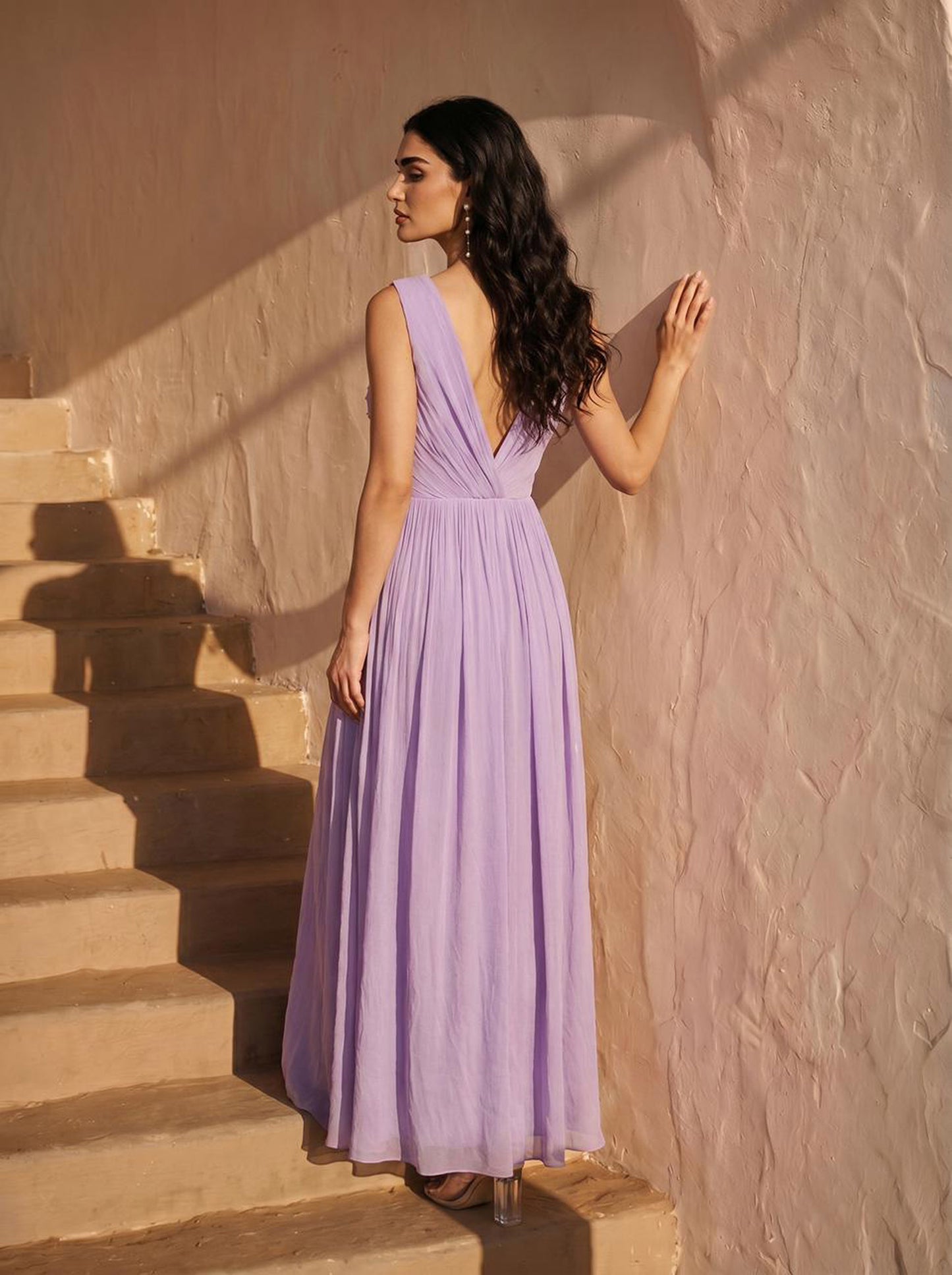 Lilac Pearl Embellished Chinon Party Wear Pleated Evening Gown