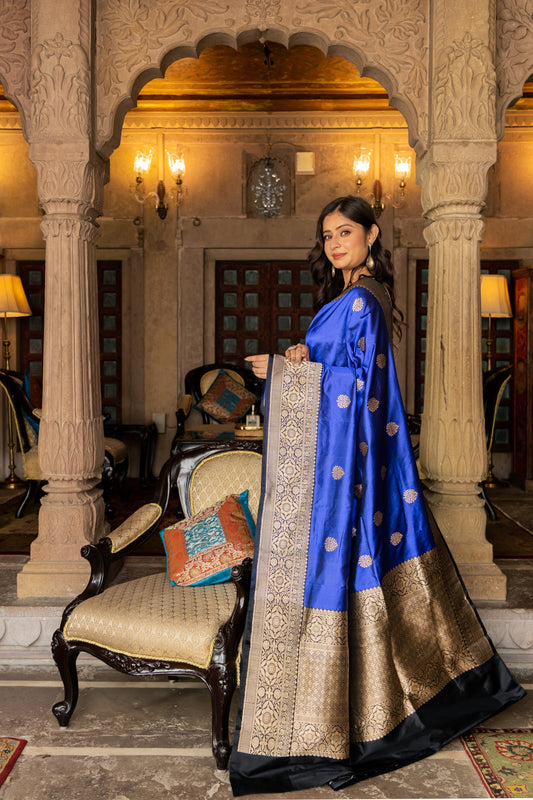 Royal Blue Handwoven Kadwa Katan Silk Saree - Panaya