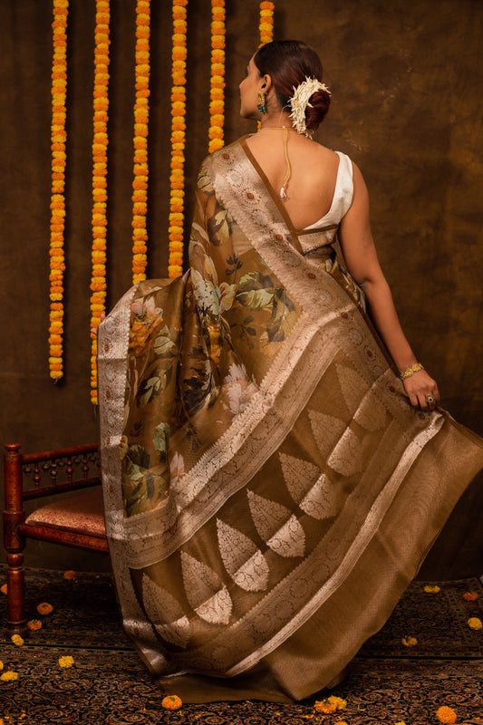 Brown Saree Kora Silk - Panaya