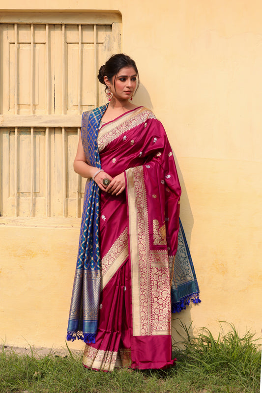 Magenta Katan Pure Silk Kadwa Saree - Panaya