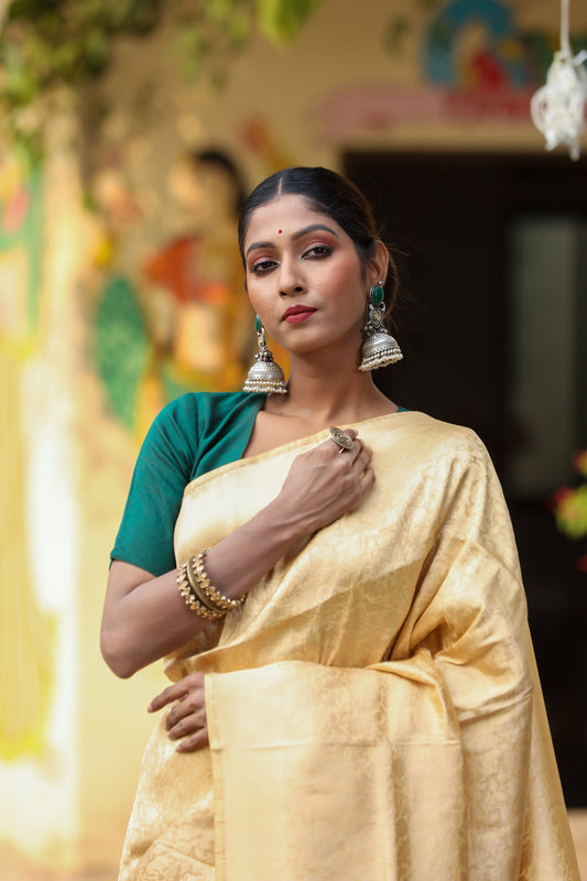 Beige Katan Pure Silk Kadwa Saree - Panaya