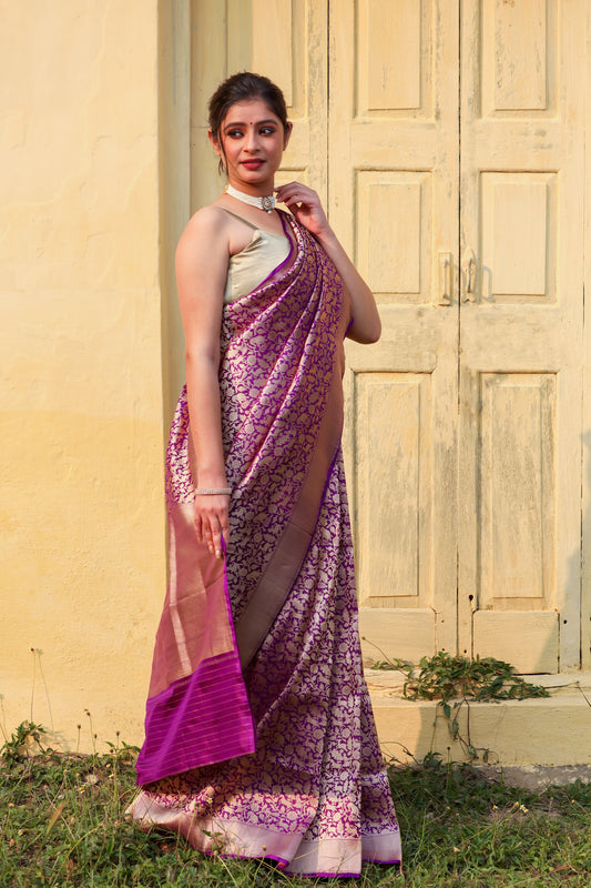 Purple Katan Pure Silk Tanchoi Saree - Panaya