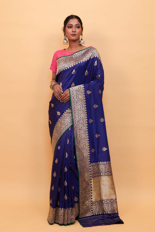 Royal Blue Katan Pure Silk Kadwa Saree - Panaya
