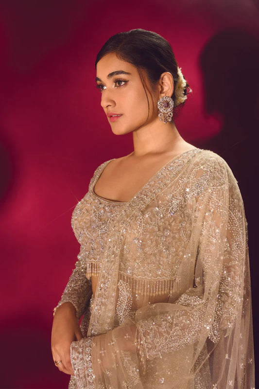Nude And Silver Color Crystal and Beads Embroidery Bridal Lehenga