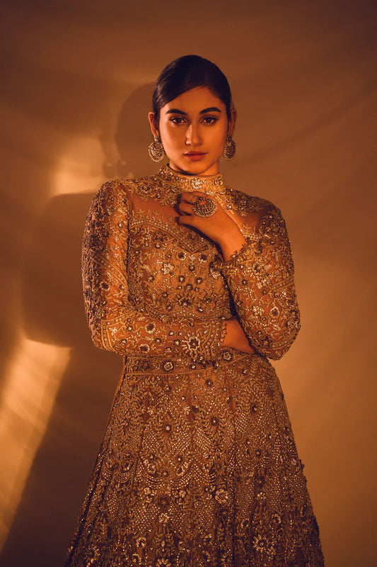 Gold Color 3D embroidery & Sequins Bridal Lehenga