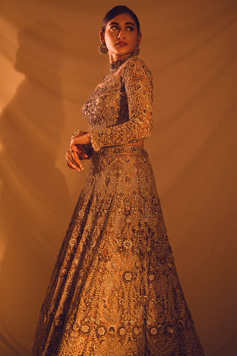 Gold Color 3D embroidery & Sequins Bridal Lehenga