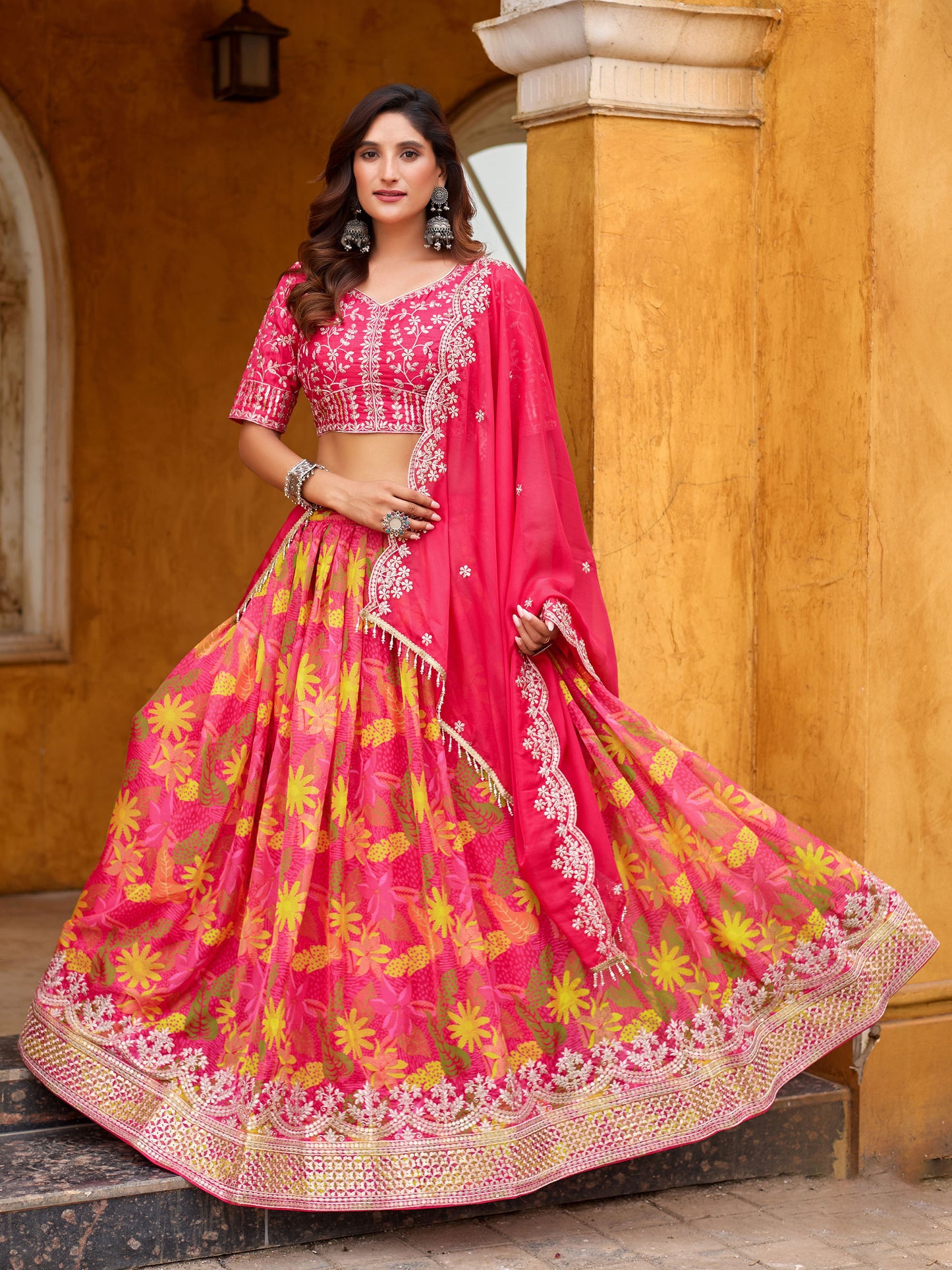 Pink Art Silk Printed Lehenga for Wedding Guest