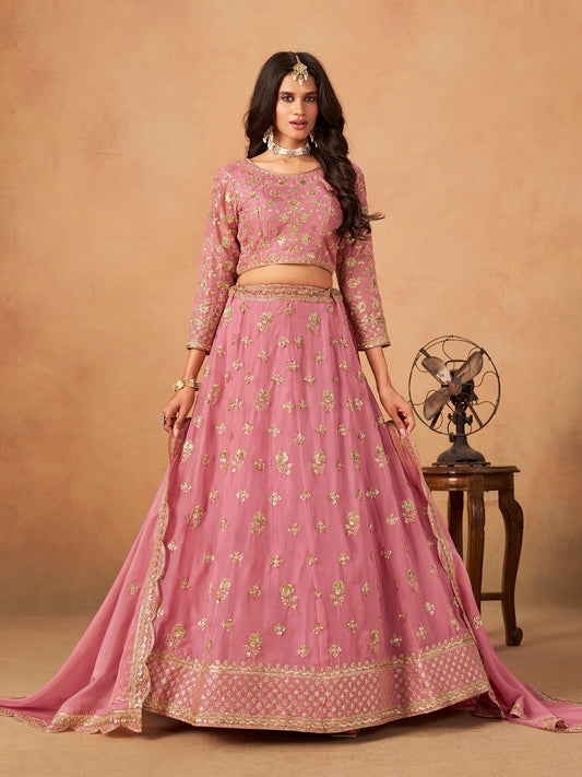 Light Pink Organza Sequins Embroidered Lehenga for Sangeet