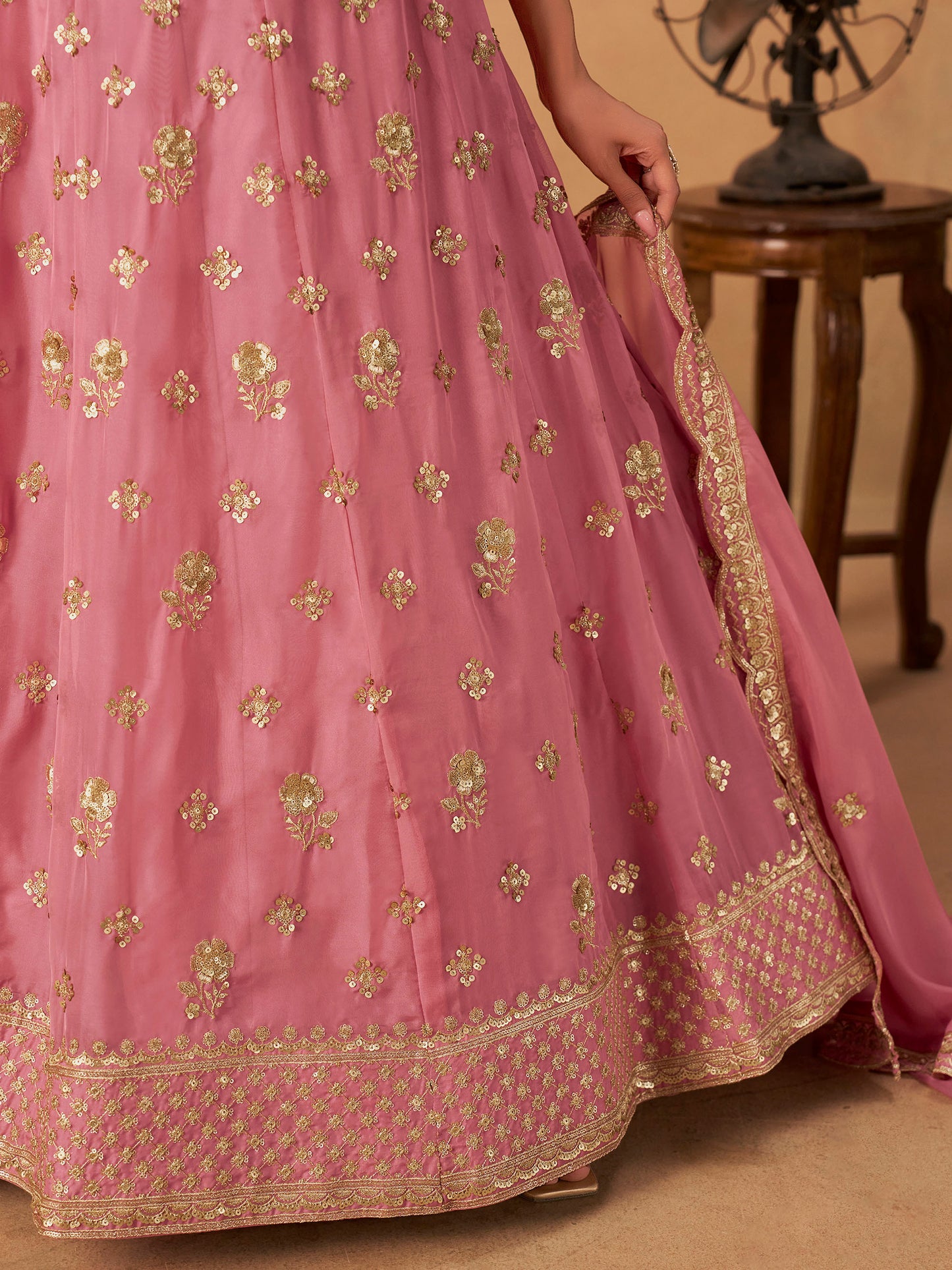 Light Pink Organza Sequins Embroidered Lehenga for Sangeet
