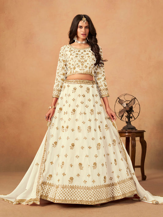 Off White Organza Sequins Embroidered Wedding Guest Lehenga