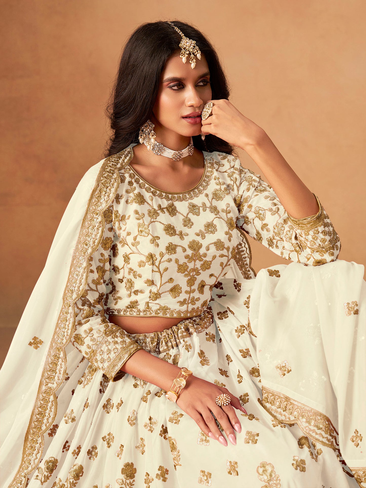 Off White Organza Sequins Embroidered Wedding Guest Lehenga