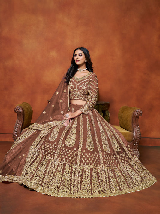 Brown Sequins & Thread Embroidery Net Bridesmaid Lehenga