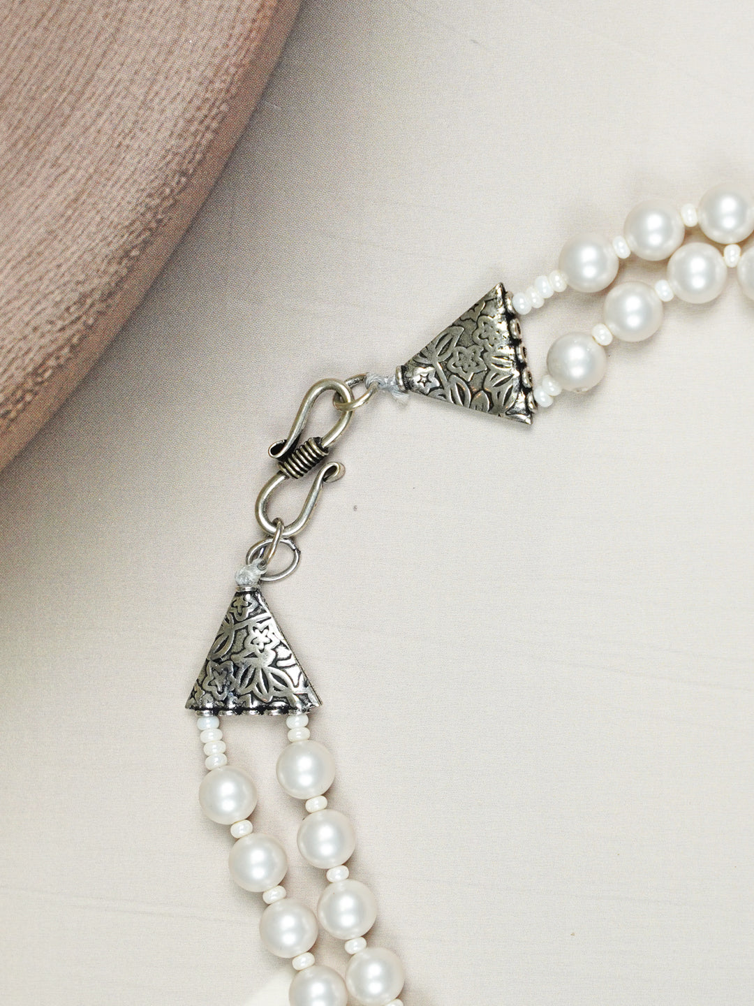 Zevar Club Metallic White, Brown, Grey Glossy Pearl Double Layer Royal Statement Necklace