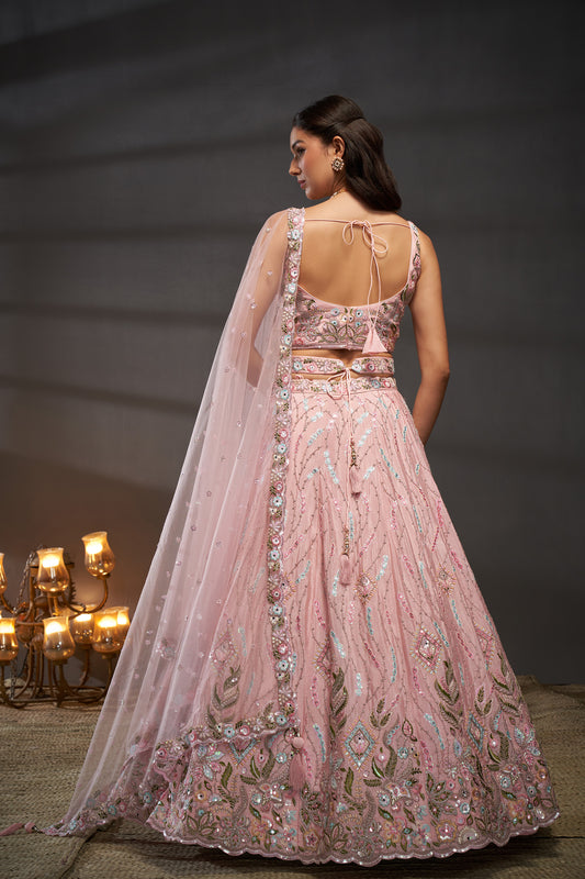 Pink Pure Chiffon Mirror Zarkan & heavy Sequin embroidery Bridal Lehenga choli