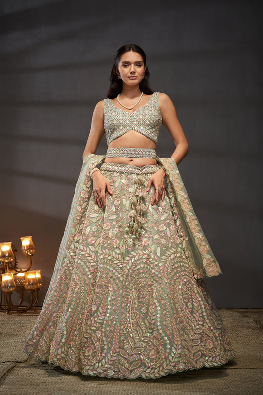 Sea Green Net Multi Zarkan embroidery Lehenga