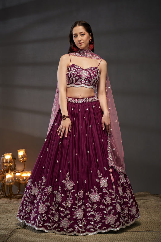 Burgundy Pure Chiffon Sequins embroidery Lehenga choli
