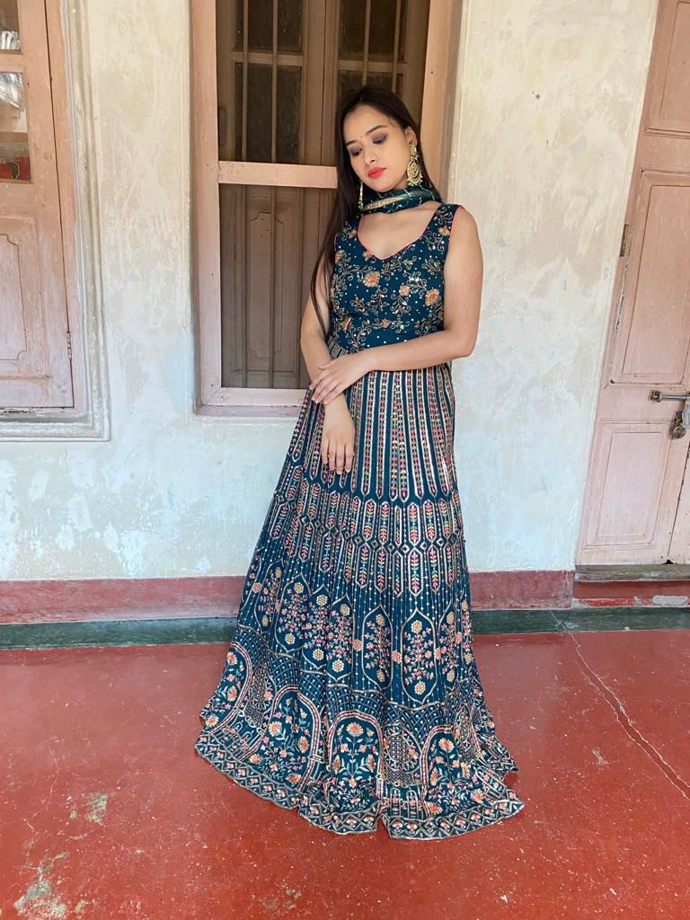 Sea green Georgette Thread embroidered party gown