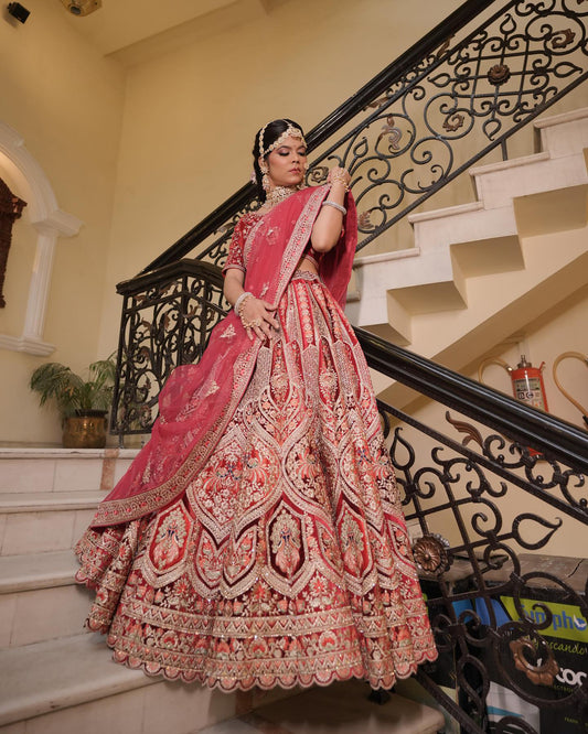 Red Micro Velvet Pitta Zari embroidered Designer Bridal lehenga