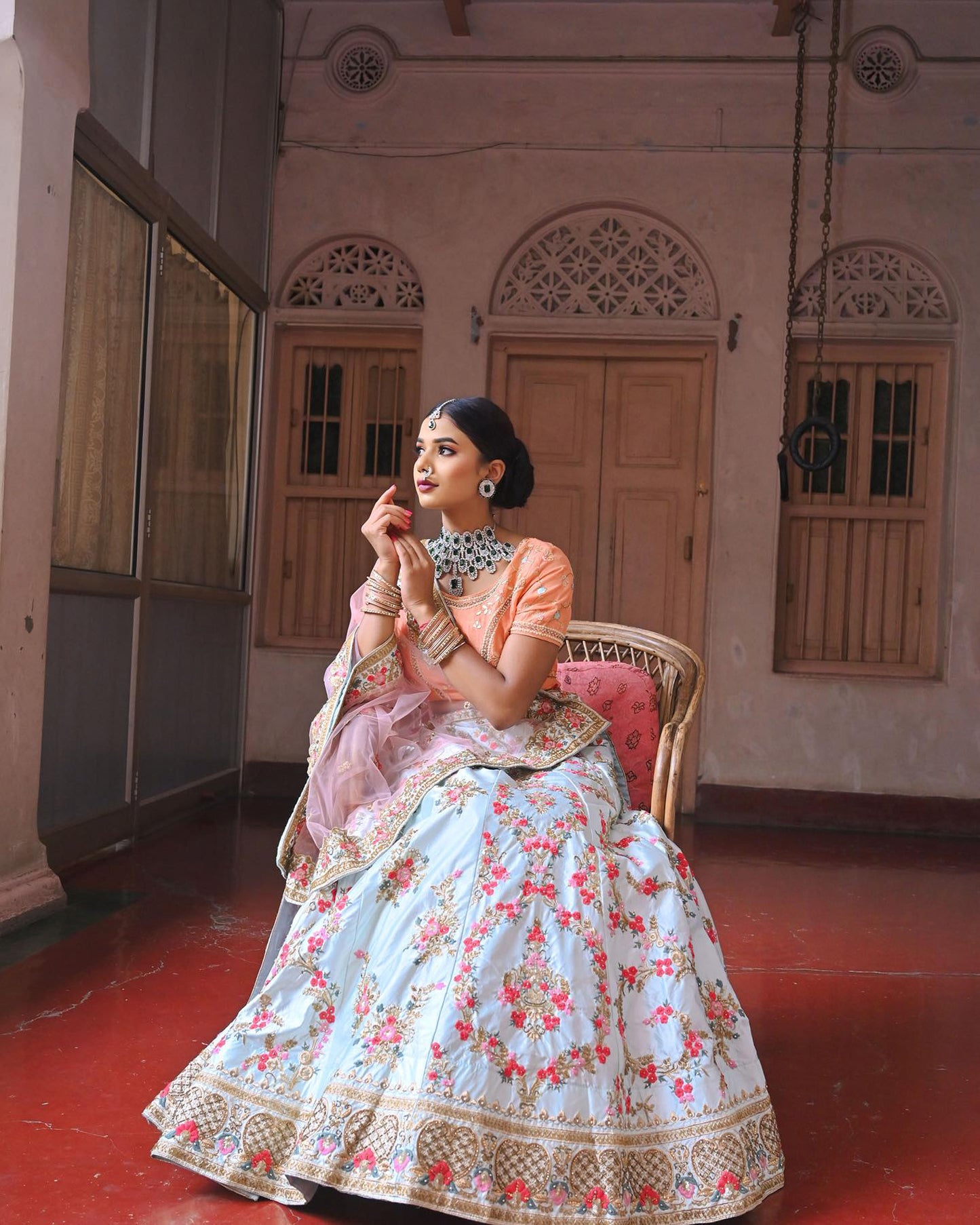 Sea Blue Handwork silk bridal lehenga