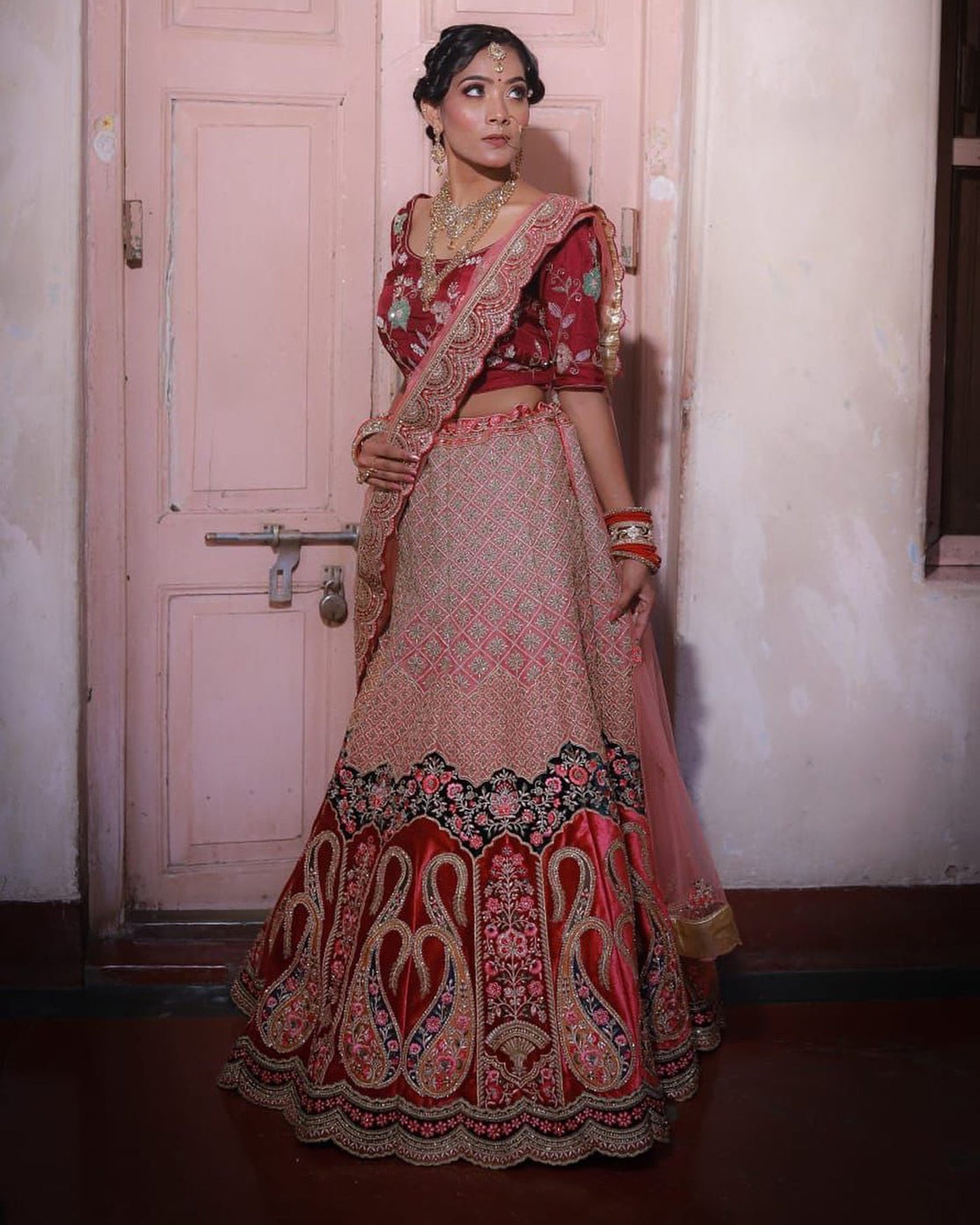 Mauve Silk and Velvet Zari embroidered Bridal Lehenga