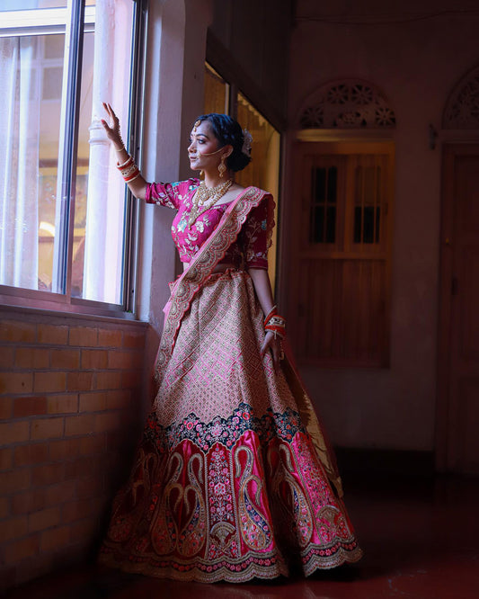 Mauve Silk and Velvet Zari embroidered Bridal Lehenga