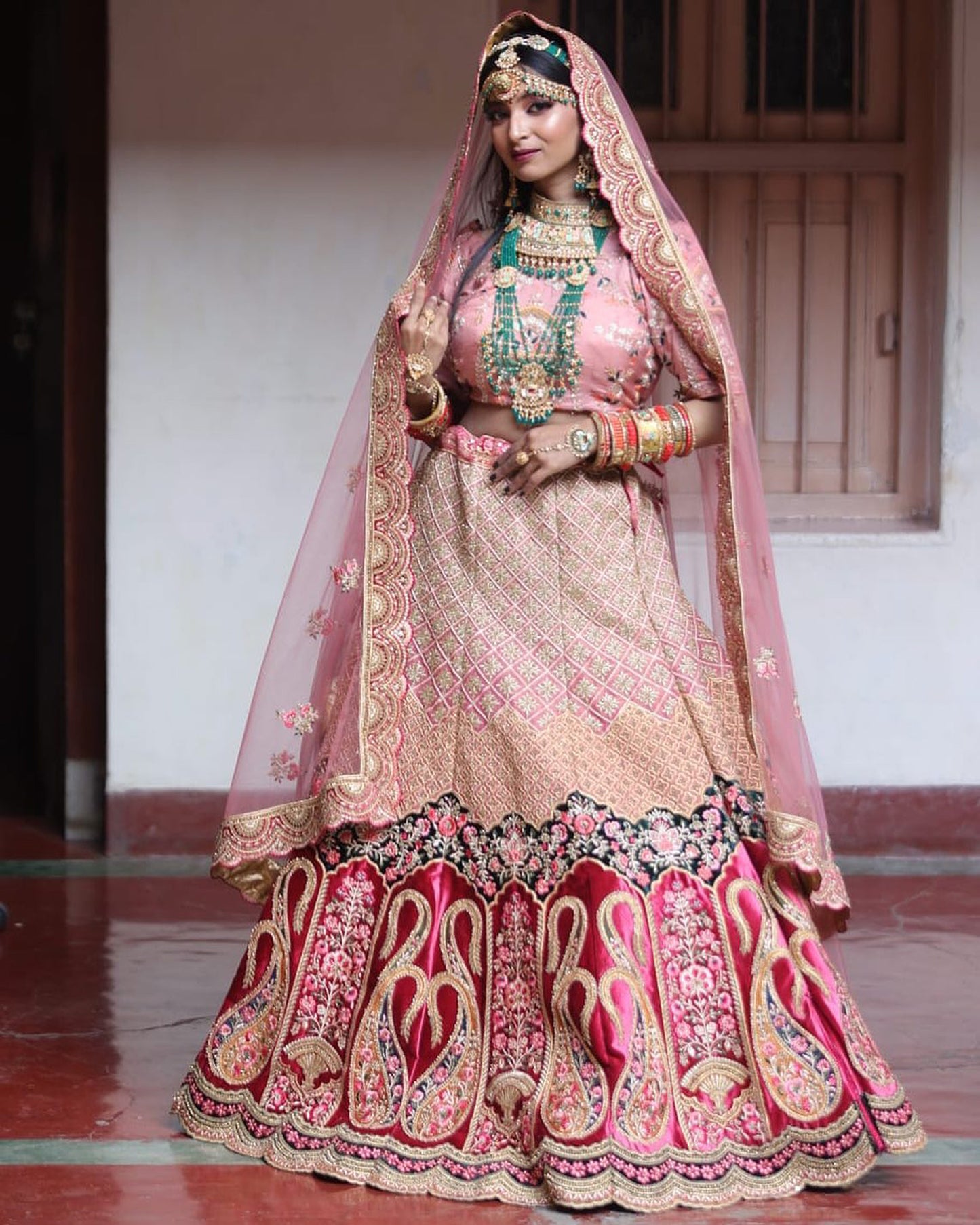 Mauve Silk and Velvet Zari embroidered Heavy Bridal Lehenga