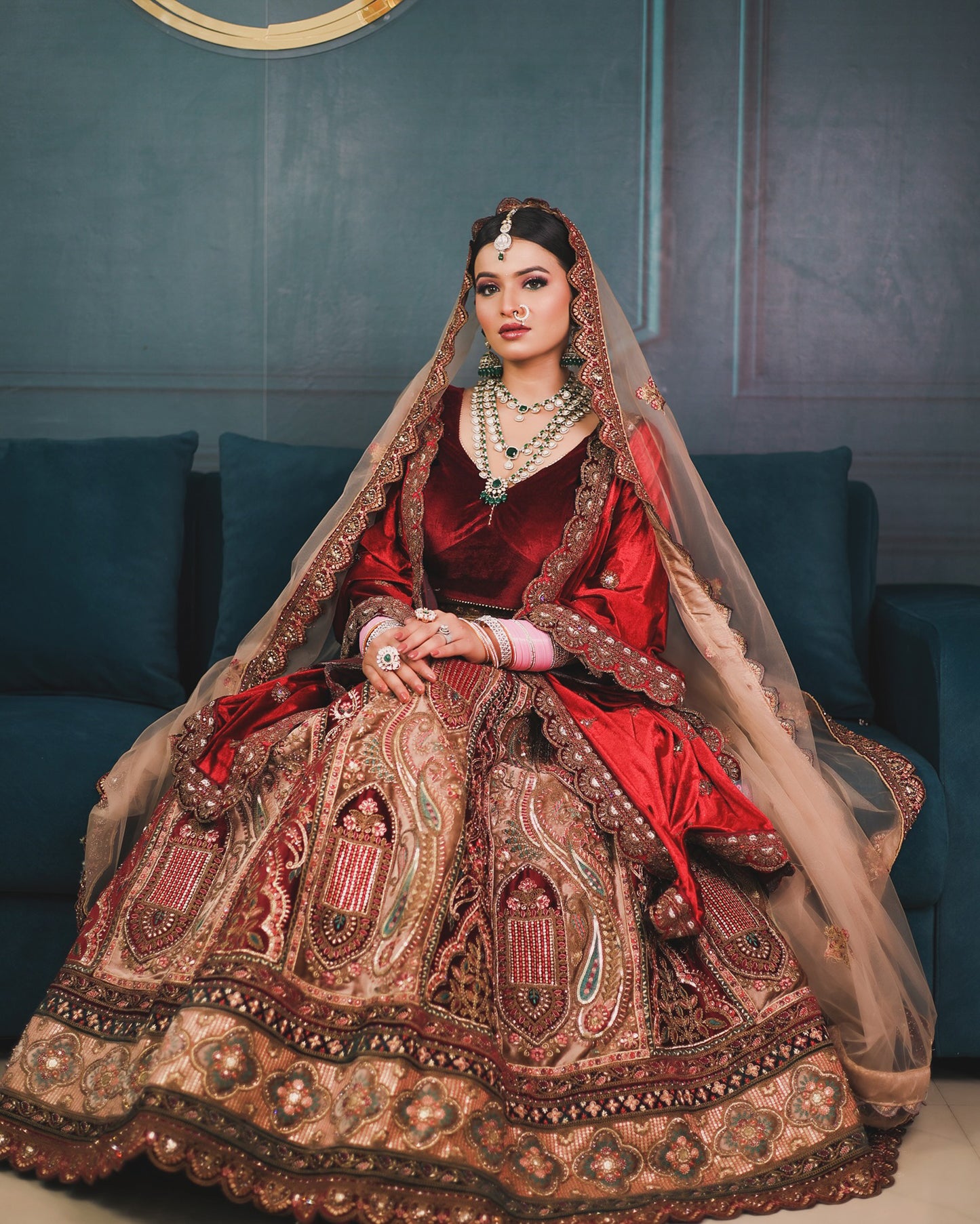 Maroon Micro Velvet Pitta Zari Embroidered Bridal Lehenga