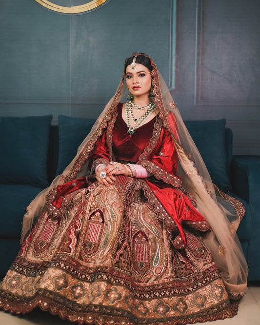 Maroon Micro Velvet Pitta Zari Embroidered Bridal Lehenga