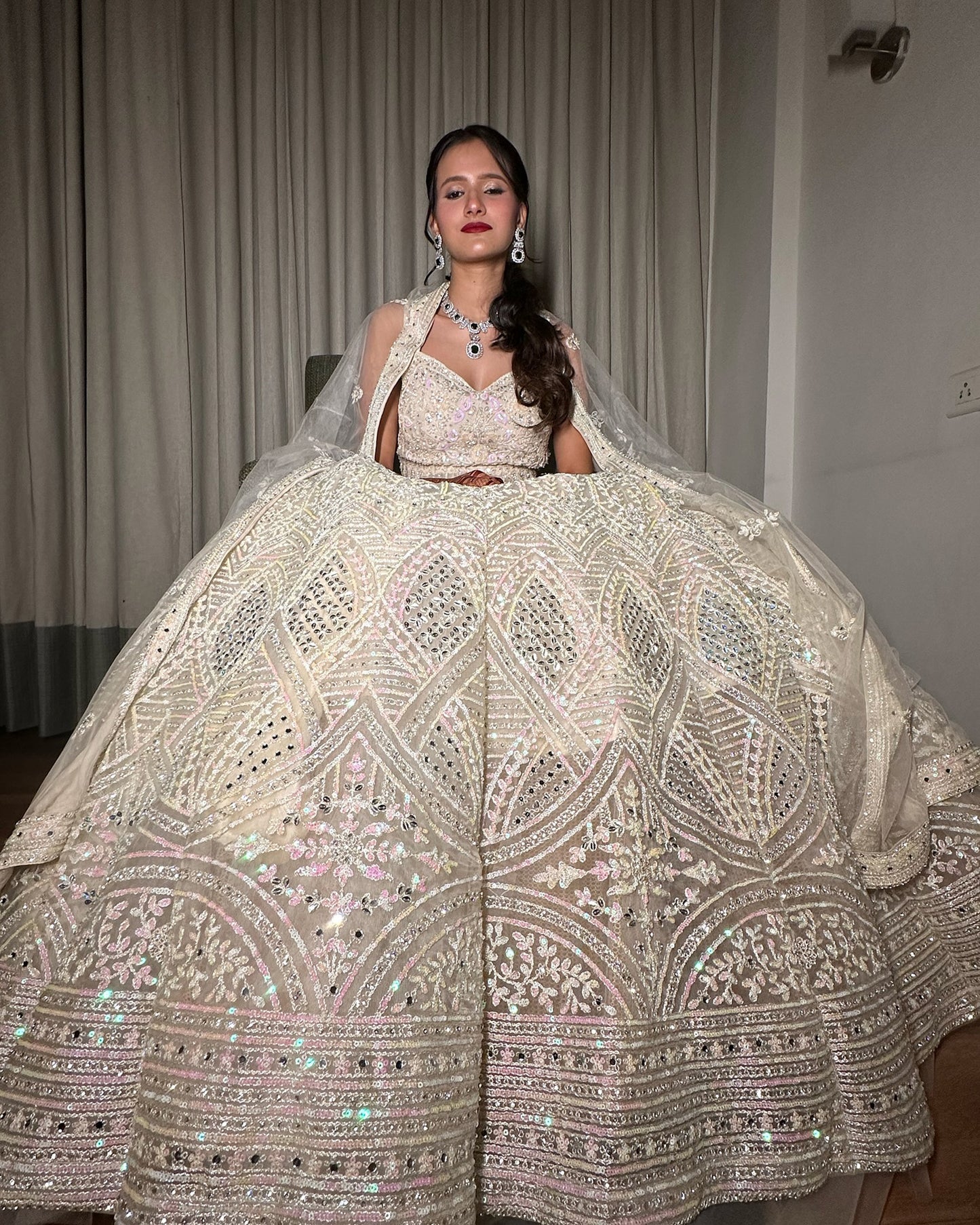 Off white Net Engagement lehenga - Modi