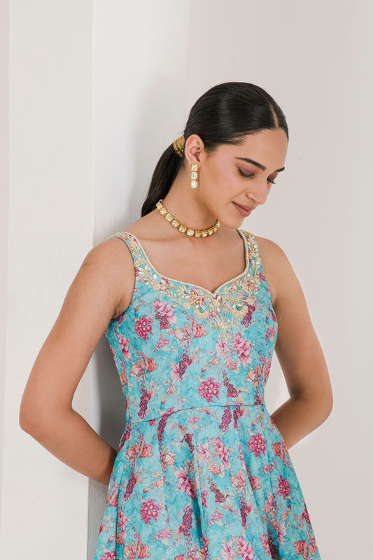 Blue Printed Embroidered Anarkali (set of 3)