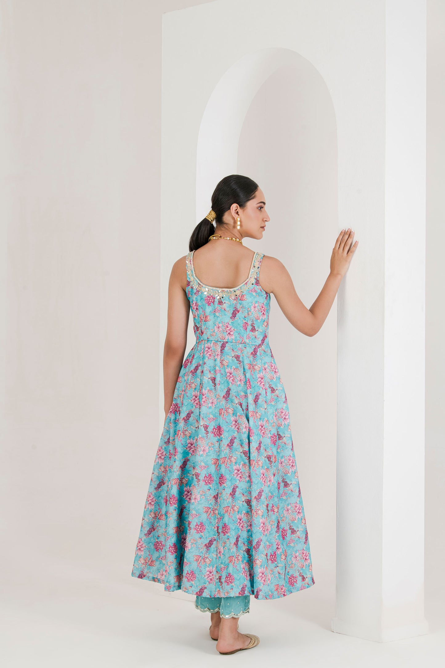 Blue Printed Embroidered Anarkali (set of 3)