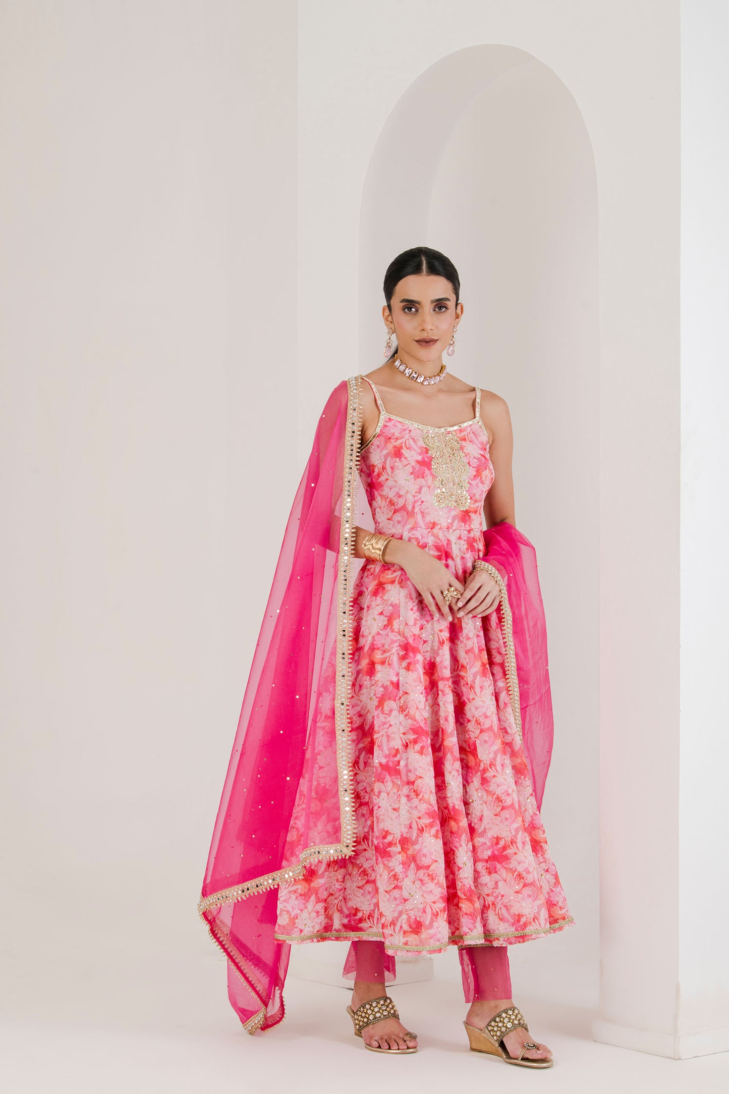 Pink Floral Print Hand Embroidered Anarkali (set of 3 )