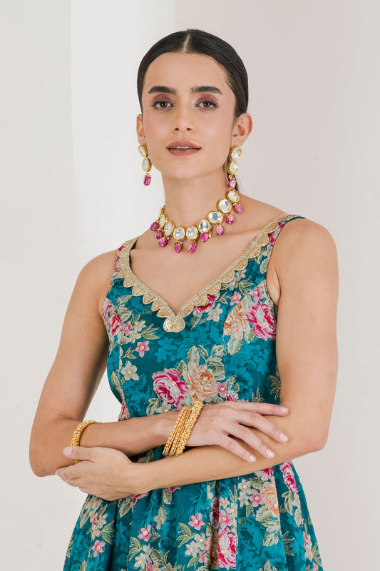 Green floral print anarkali set