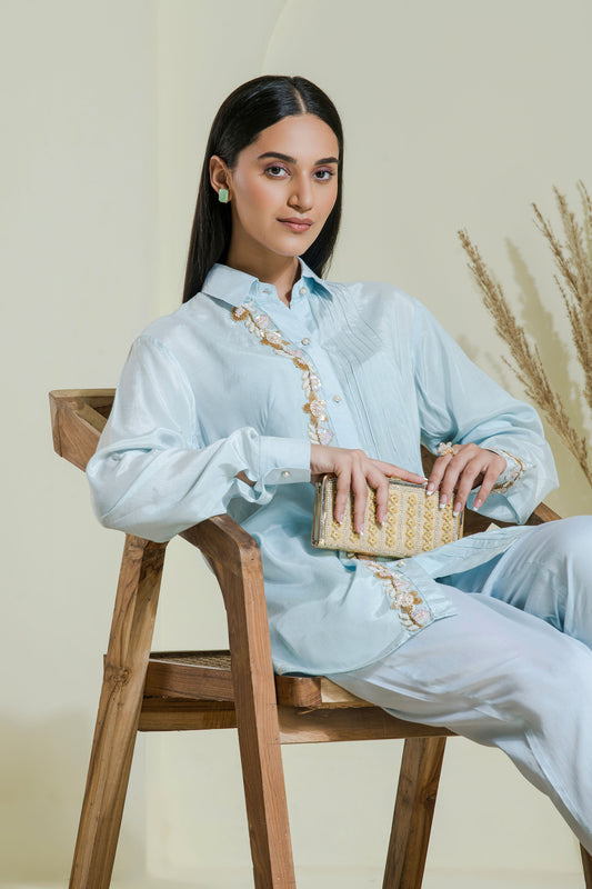 Powder blue hand embroidered co-ord set