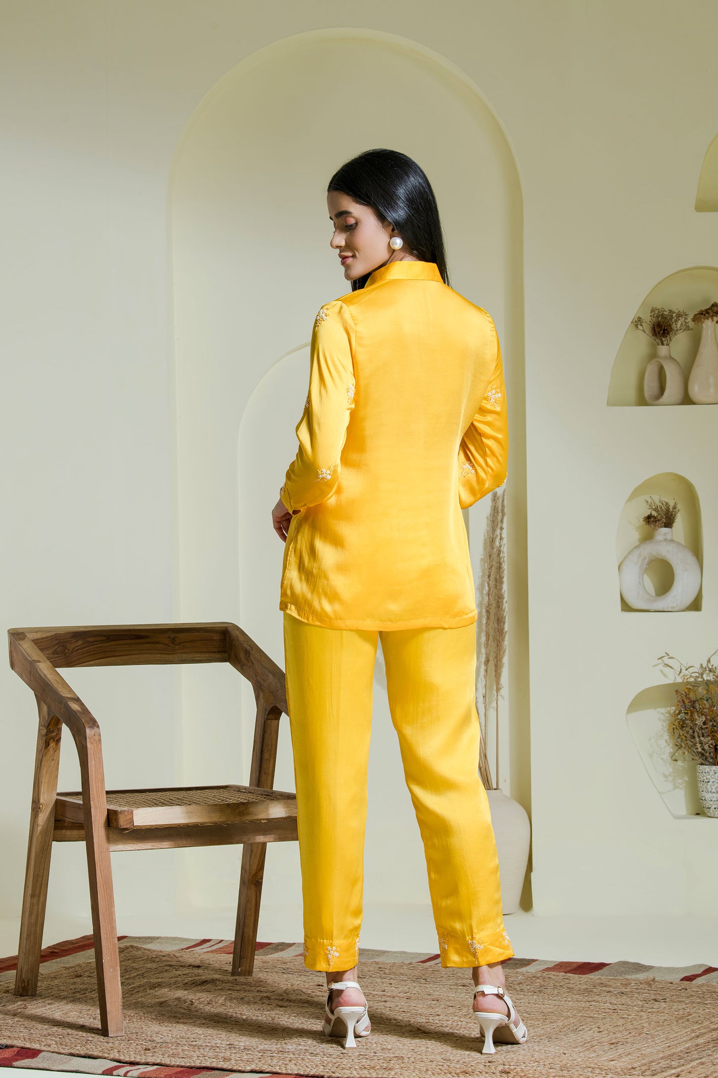 Sunshine yellow satin embroidered co-ord set