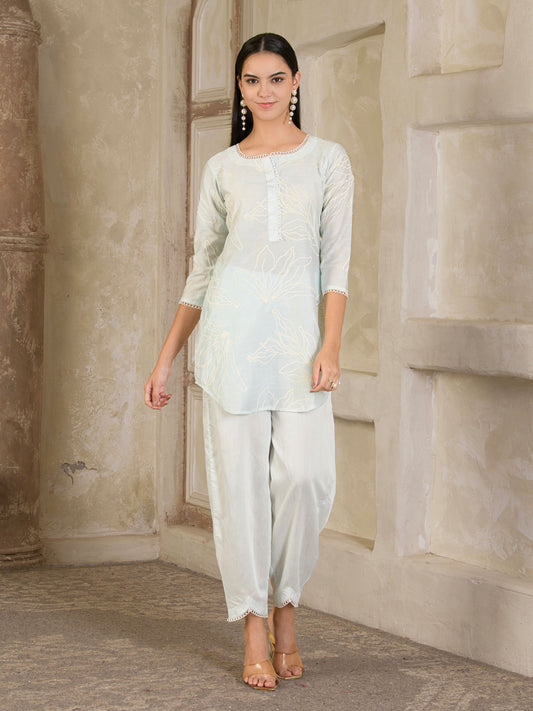 Pastel Blue Embroidered Chanderi Co-ord ( Set of 2 )
