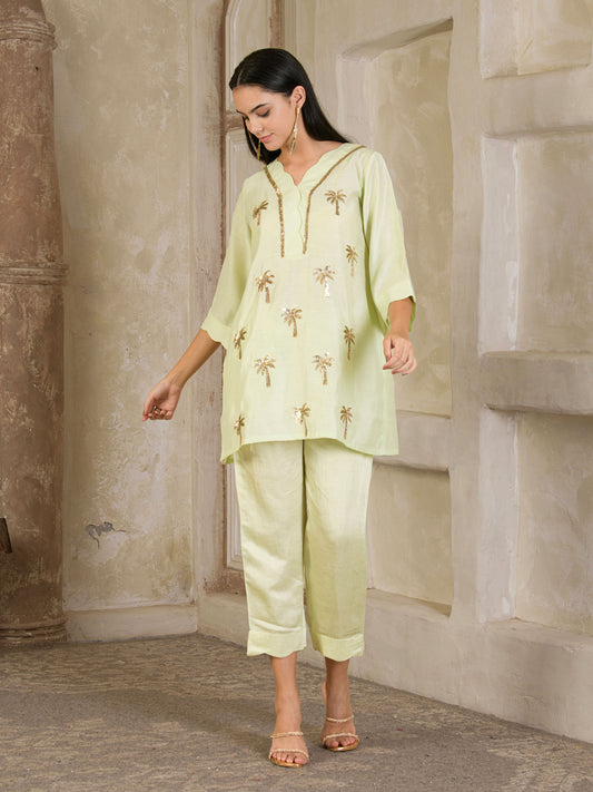 Pista Green Hand Embroidered Chanderi Co-ord (set of 2 )